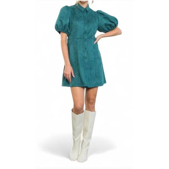 NWT THML Regine Faux Leather Puff Sleeve Shirt Dress Teal Green L Cottage Fall - Picture 3 of 10